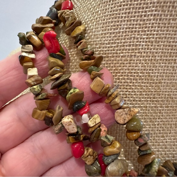 Multi-color Genuine Gemstone Necklace- multistrand chipped brown, green, red - Picture 4 of 8